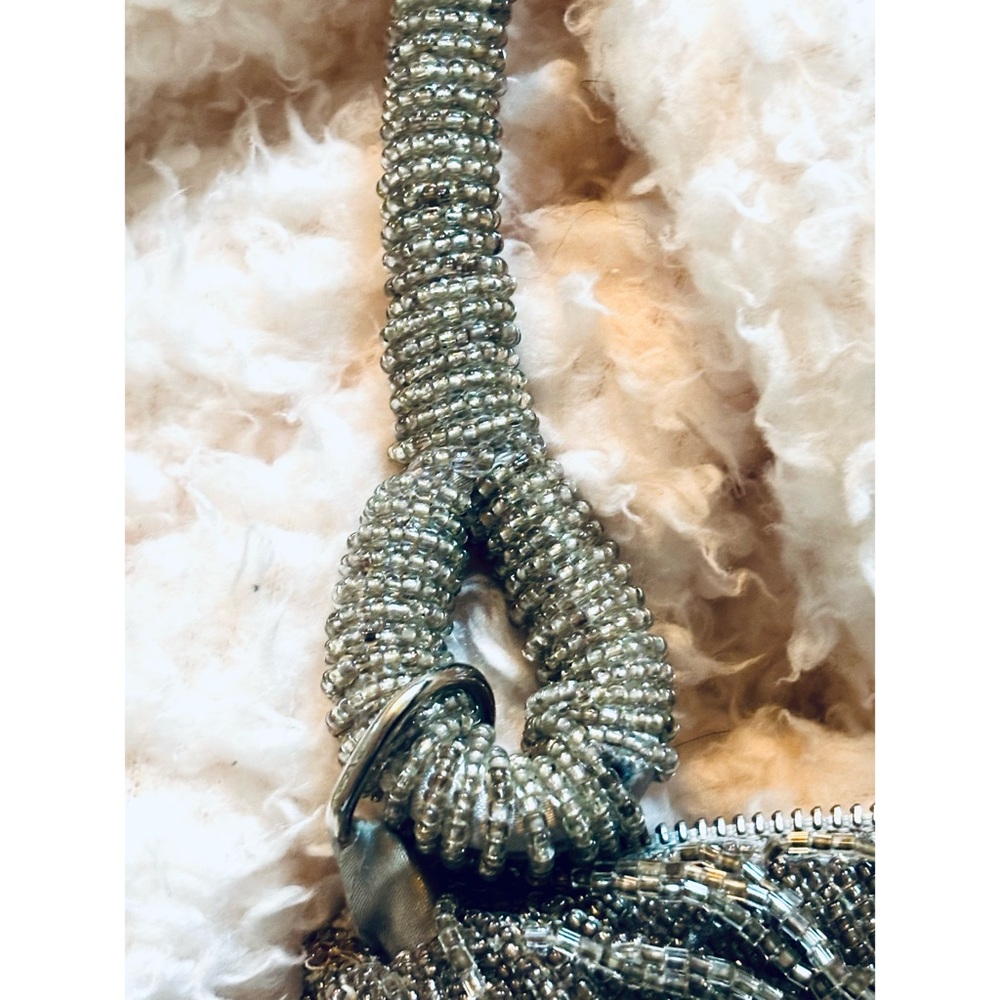 Bling Beaded Silver Fringe Hand Sewn Beading Evening Handbag, Top Zip NWT - Picture 5 of 10